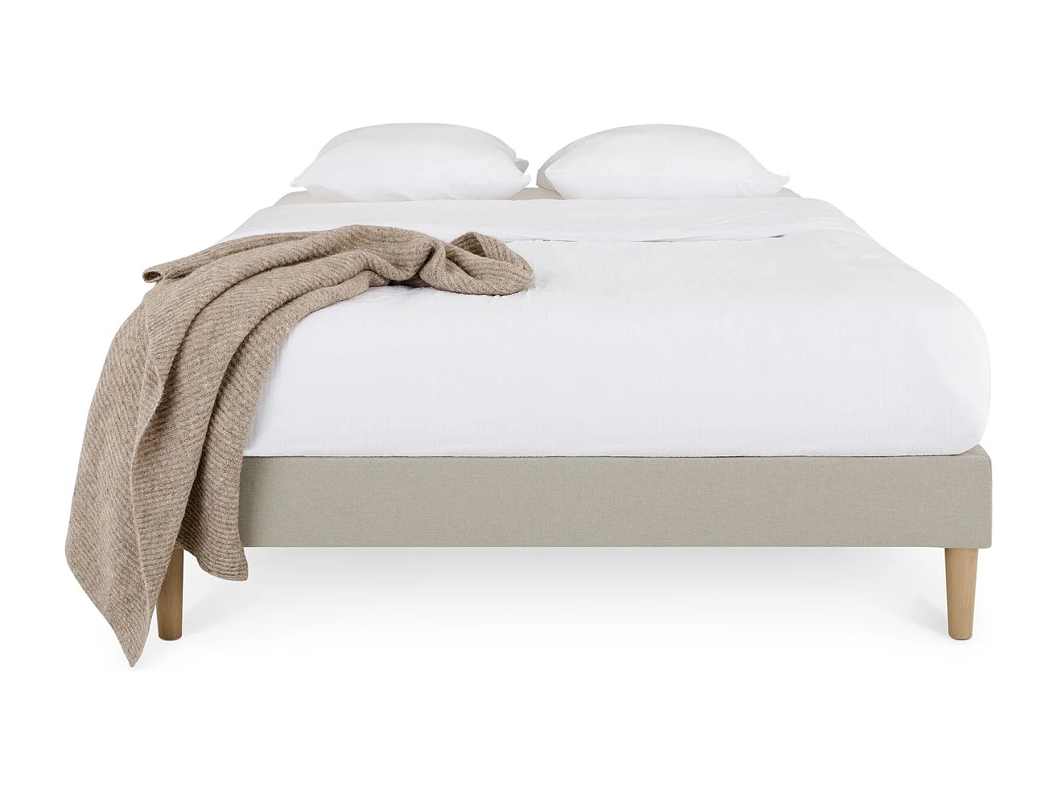 Sommier tapissier QUIMPER 140 x 190 cm structure en bois et revêtement en tissu beige, cadre de lit avec pieds