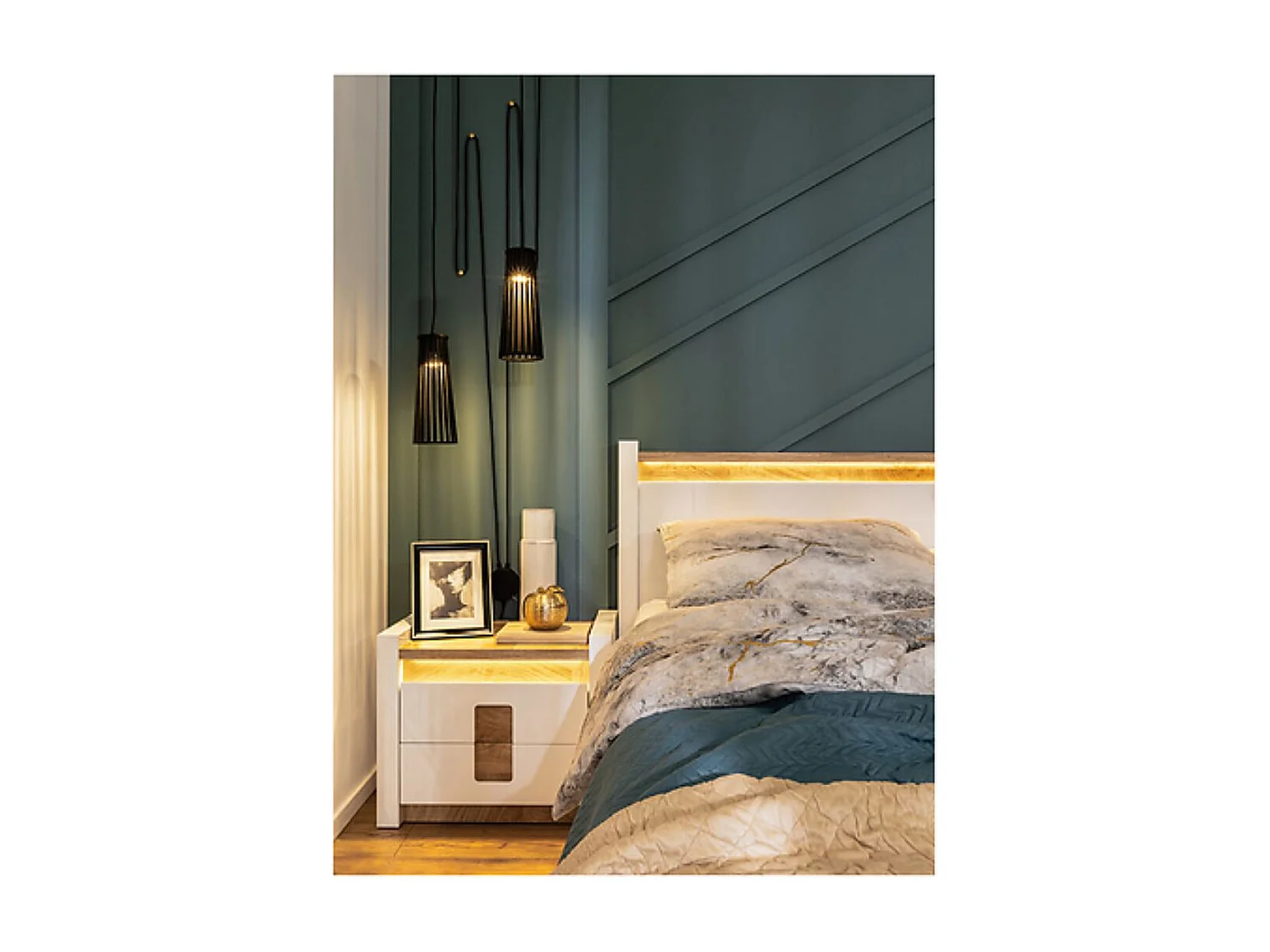 Table de chevet Table de nuit avec 2 tiroirs et éclairage LED , coloris Blanc brillant/Chêne clair - Longueur 97 x Profondeur 41,5 x Hauteur 123 cm