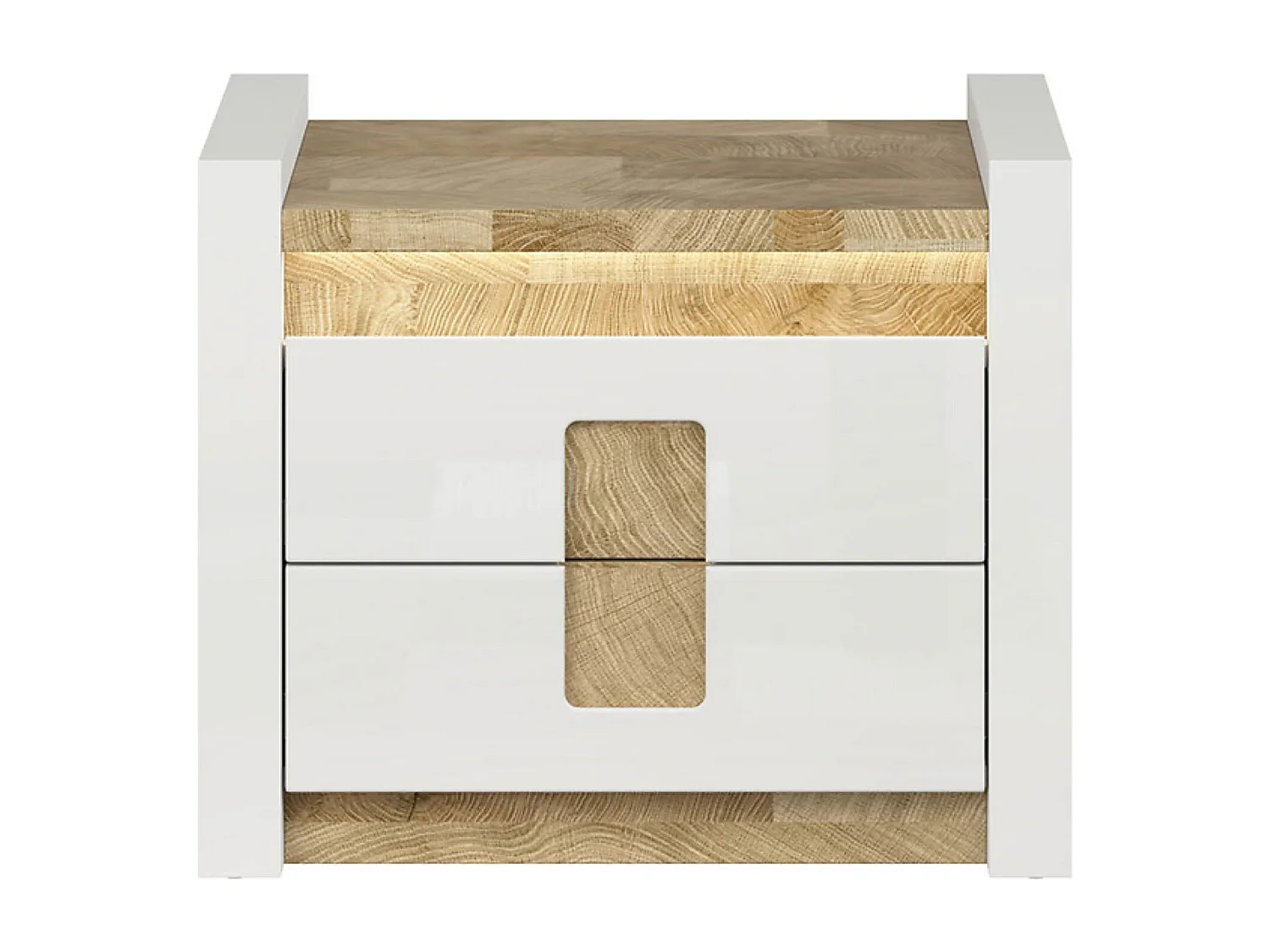 Table de chevet Table de nuit avec 2 tiroirs et éclairage LED , coloris Blanc brillant/Chêne clair - Longueur 97 x Profondeur 41,5 x Hauteur 123 cm