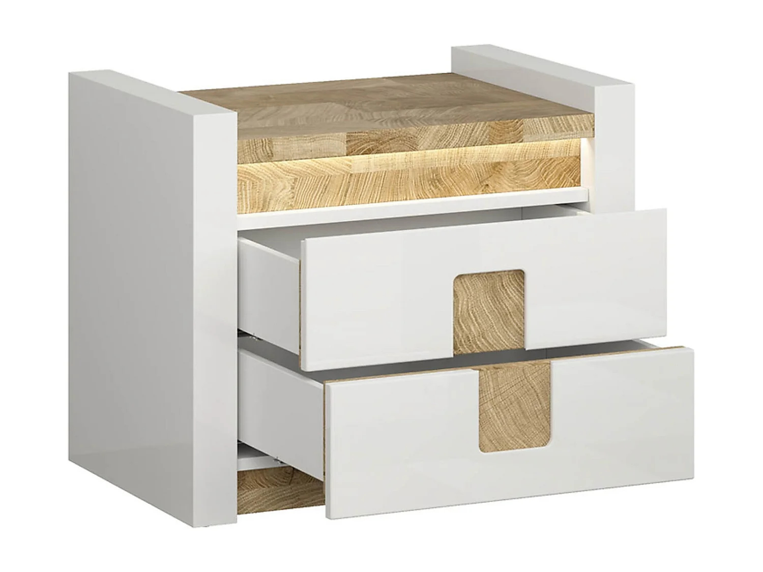 Table de chevet Table de nuit avec 2 tiroirs et éclairage LED , coloris Blanc brillant/Chêne clair - Longueur 97 x Profondeur 41,5 x Hauteur 123 cm