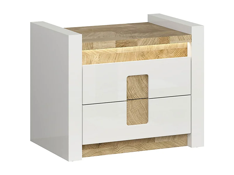 Table de chevet Table de nuit avec 2 tiroirs et éclairage LED , coloris Blanc brillant/Chêne clair - Longueur 97 x Profondeur 41,5 x Hauteur 123 cm