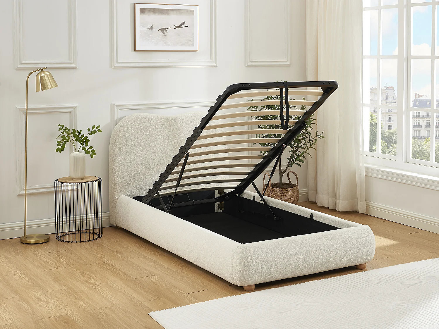Lit coffre 90 x 200 cm - Tissu bouclette - Blanc - VANARI