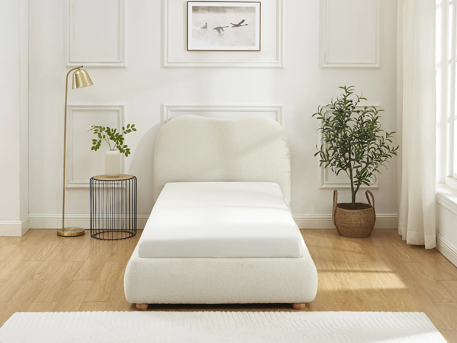 Lit coffre 90 x 200 cm - Tissu bouclette - Blanc - VANARI