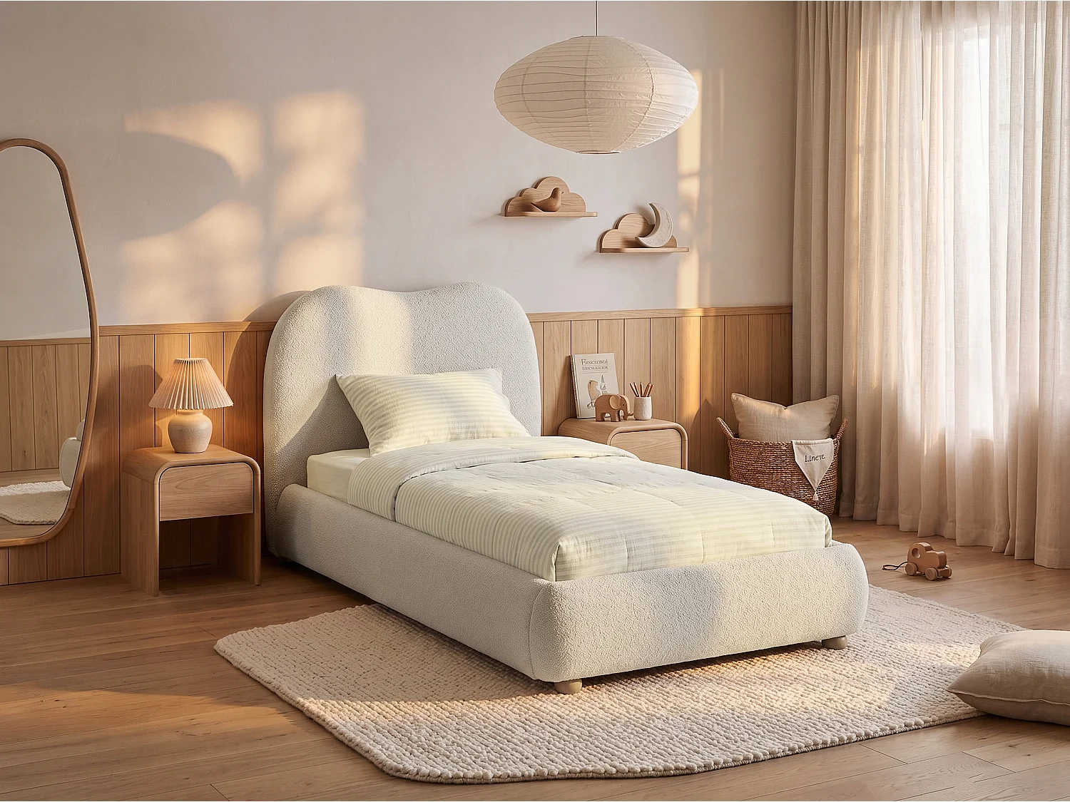 Lit coffre 90 x 200 cm - Tissu bouclette - Blanc - VANARI