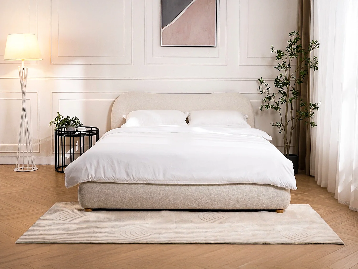 Lit coffre 140 x 200 cm - Tissu bouclette - Blanc - VANARI