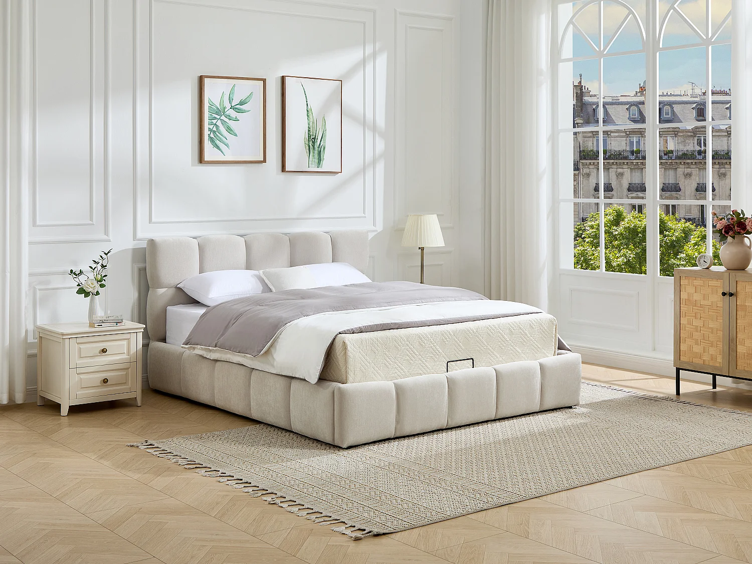 Lit coffre 140 x 200 cm – Tissu – Beige - DILUDO