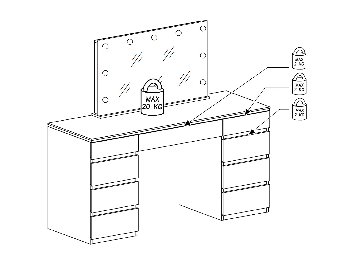 Coiffeuse avec miroir à LEDs – 9 tiroirs – Beige et doré – VUKIA