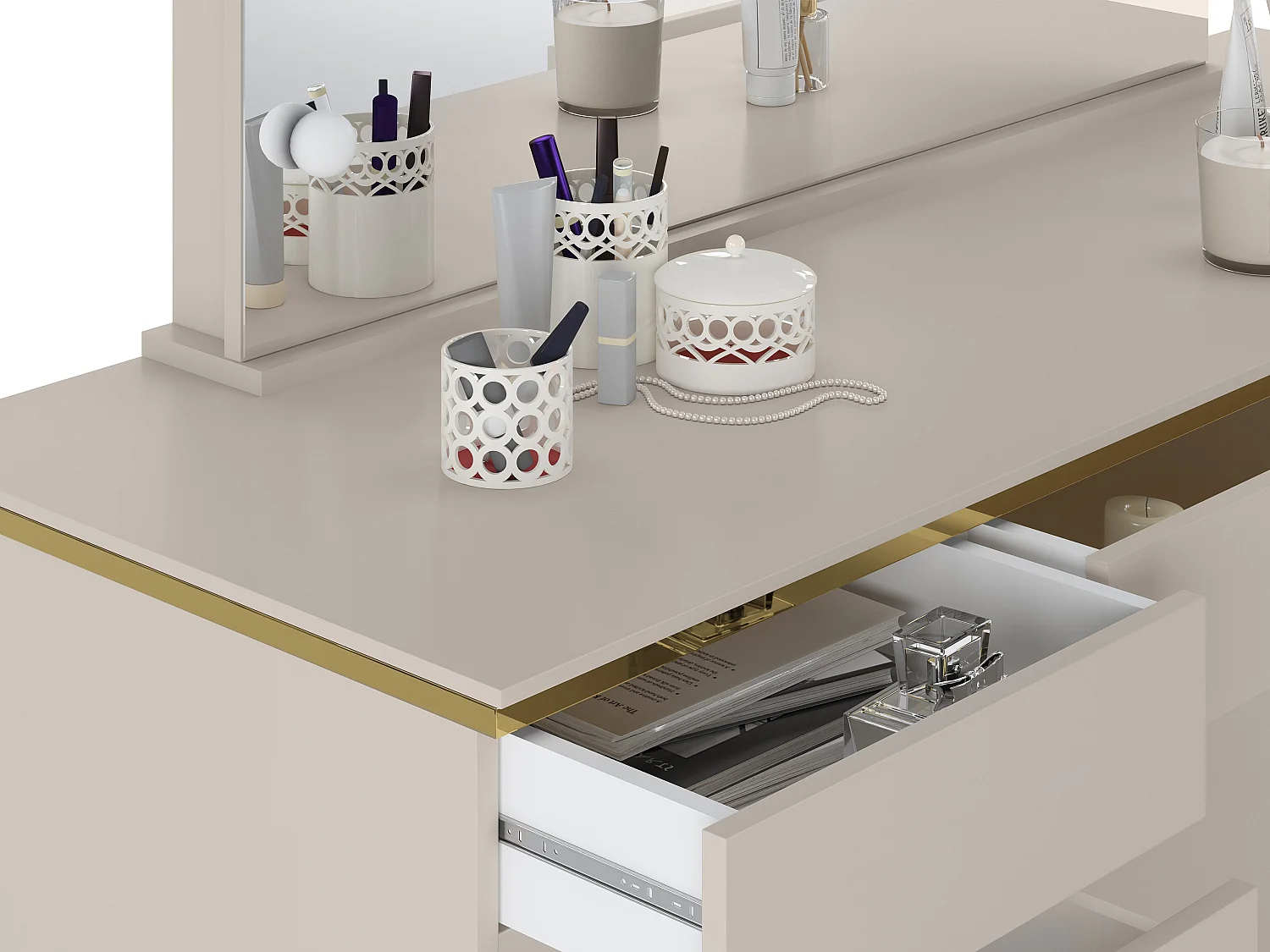 Coiffeuse avec miroir à LEDs – 9 tiroirs – Beige et doré – VUKIA