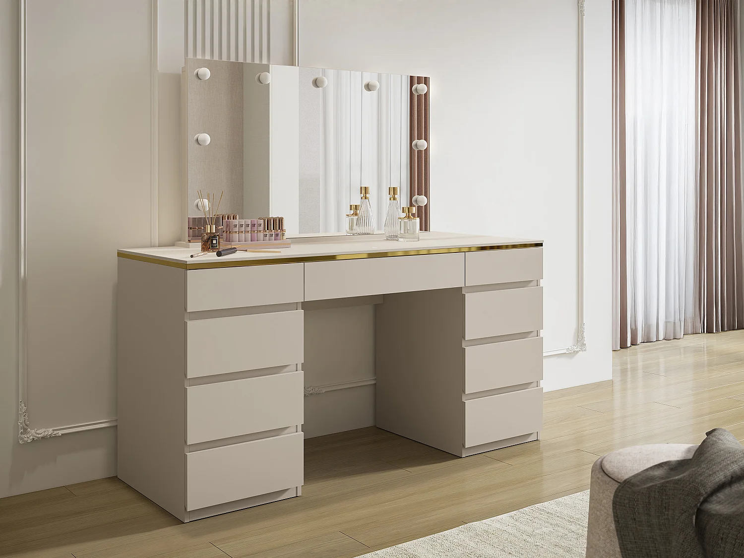 Coiffeuse avec miroir à LEDs – 9 tiroirs – Beige et doré – VUKIA