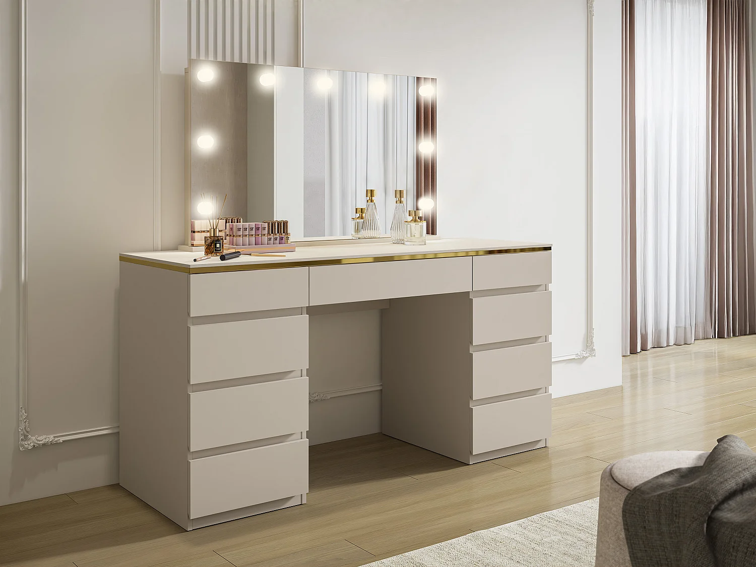 Coiffeuse avec miroir à LEDs – 9 tiroirs – Beige et doré – VUKIA