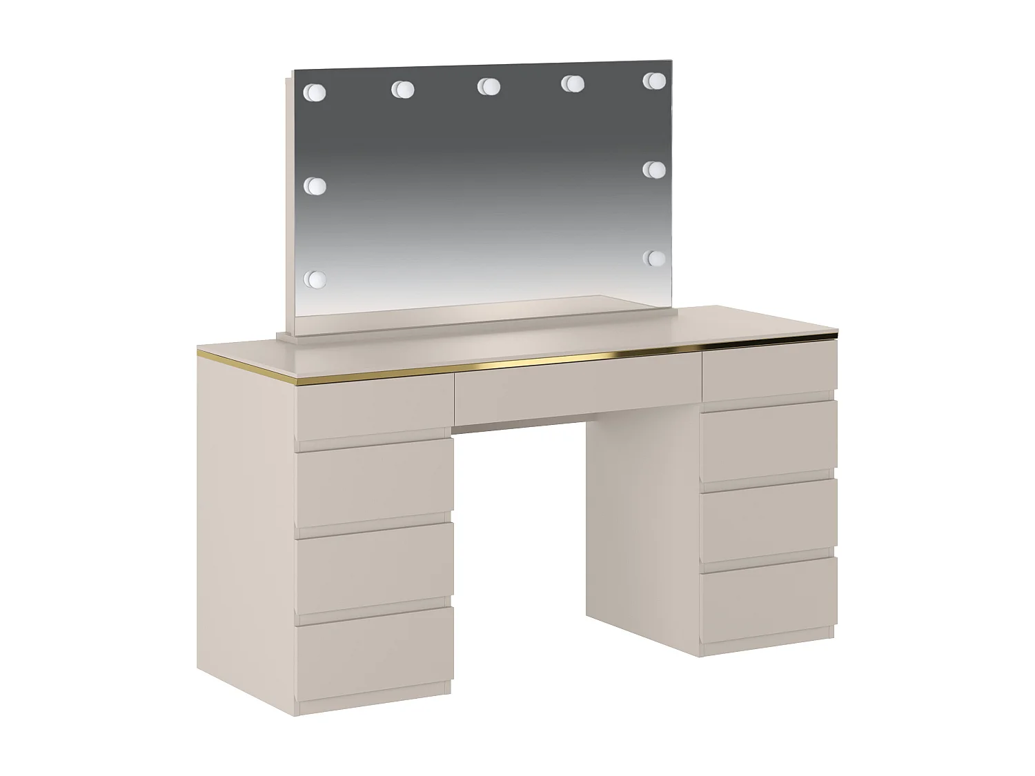 Coiffeuse avec miroir à LEDs – 9 tiroirs – Beige et doré – VUKIA