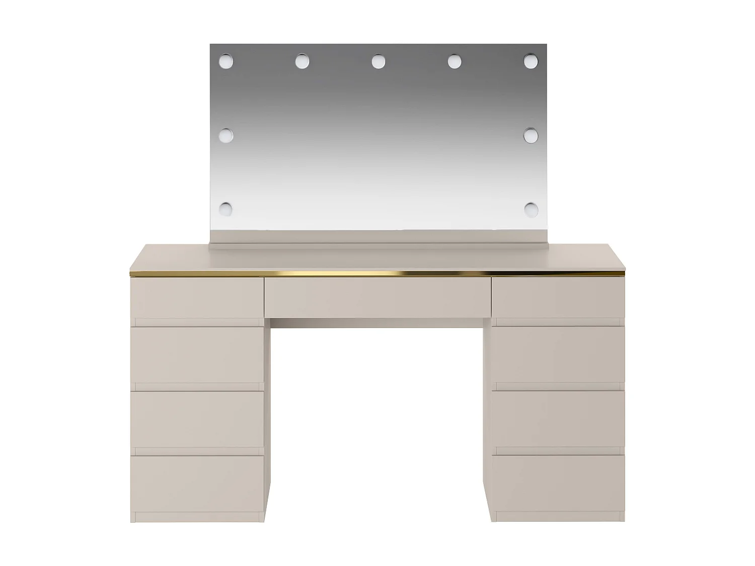 Coiffeuse avec miroir à LEDs – 9 tiroirs – Beige et doré – VUKIA