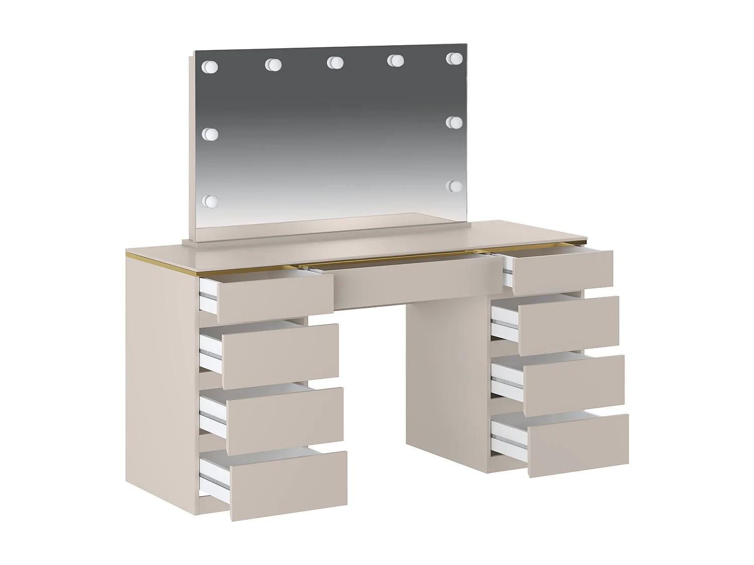 Coiffeuse avec miroir à LEDs – 9 tiroirs – Beige et doré – VUKIA