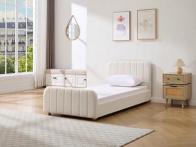 Seng 90 x 190 cm - Bouclé-stoff med vertikale sømmer - Hvit - ROGADI