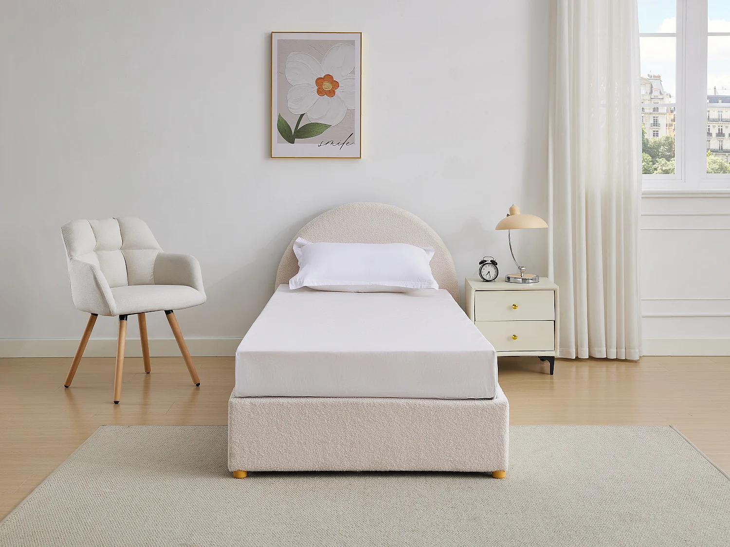 Lit coffre 90 x 200 cm - Tissu bouclette - Crème - LIRIMO