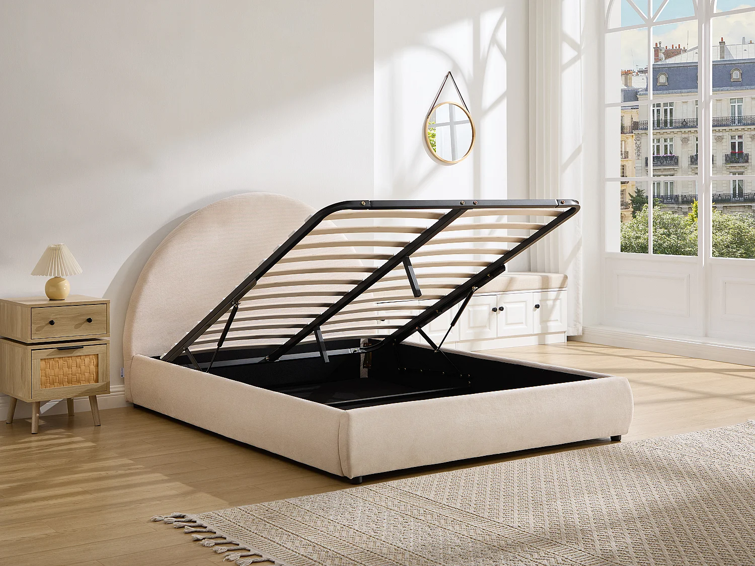 Lit coffre 140 x 200 cm - Velours côtelé - Beige - LIRIMO