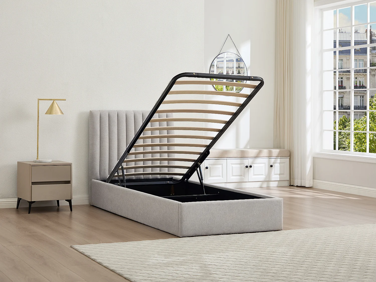 Lit coffre 90 x 200 cm – Tissu – Gris clair – SARANELI