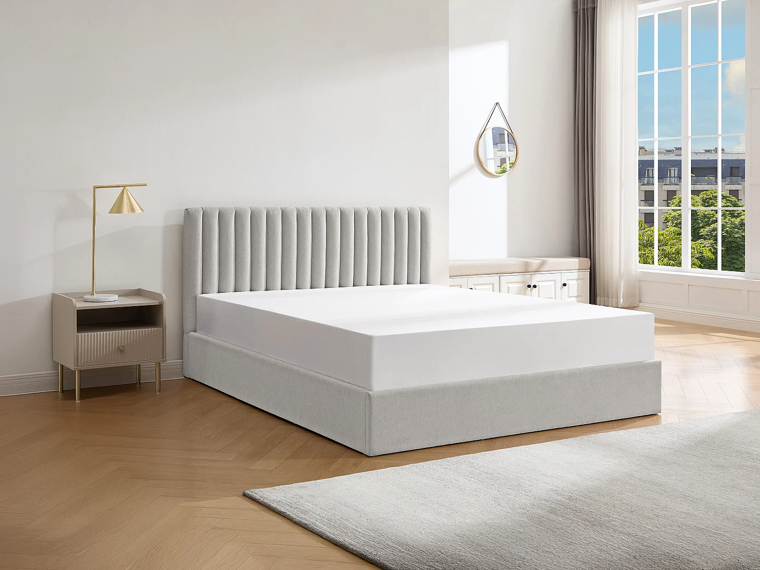 Lit coffre 140 x 200 cm – Tissu – Gris clair – SARANELI