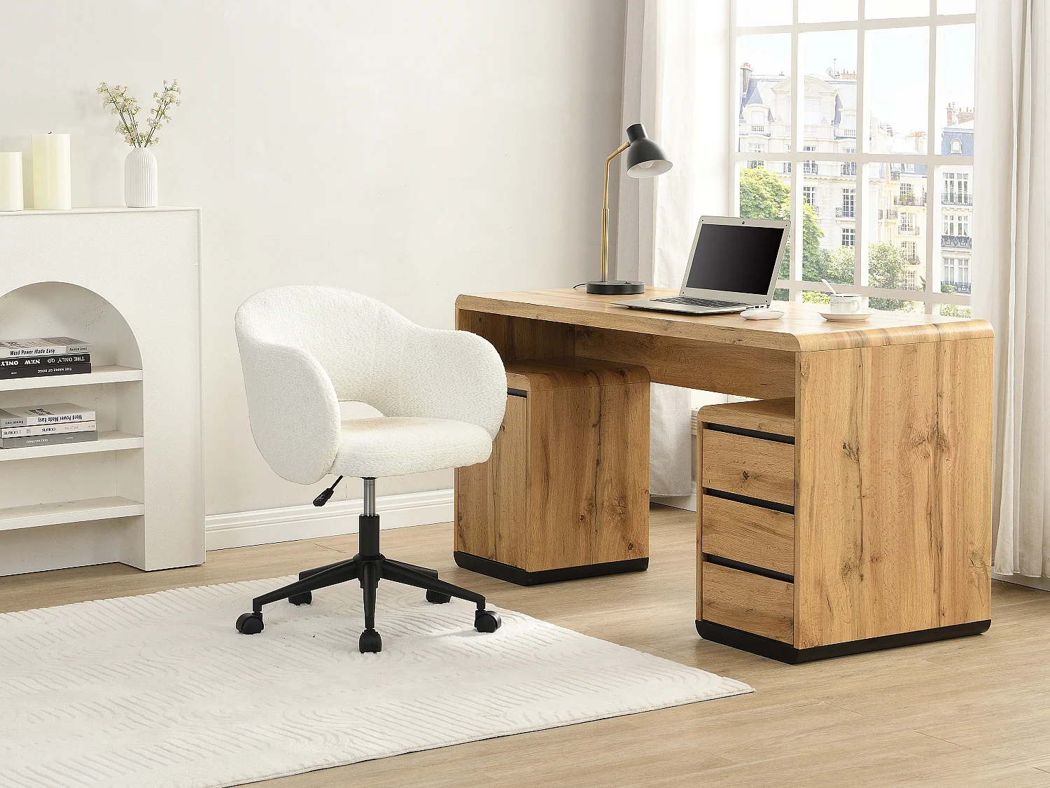 Chaise de bureau - Tissu bouclette - Blanc - ACACILIO