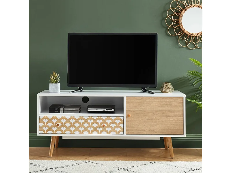 Meuble tv UTAH blanc et effet chêne 115cm