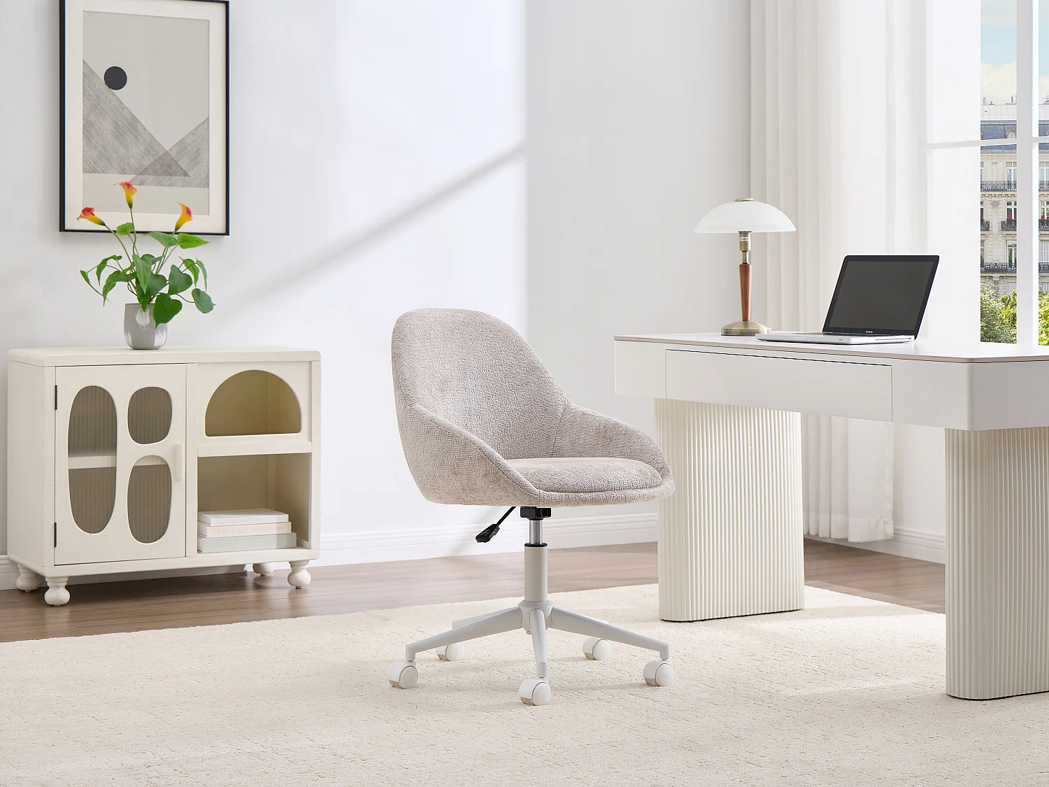 Chaise de bureau - Tissu - Beige et blanc - Hauteur réglable - NAODY