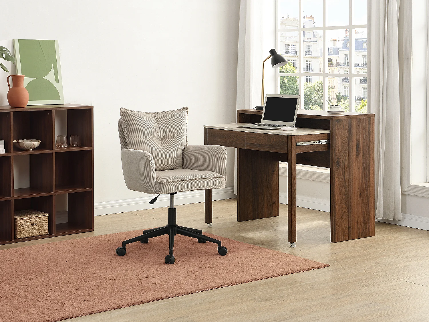 Chaise de bureau - Velours côtelé - Taupe et noir - Hauteur réglable - BATARU