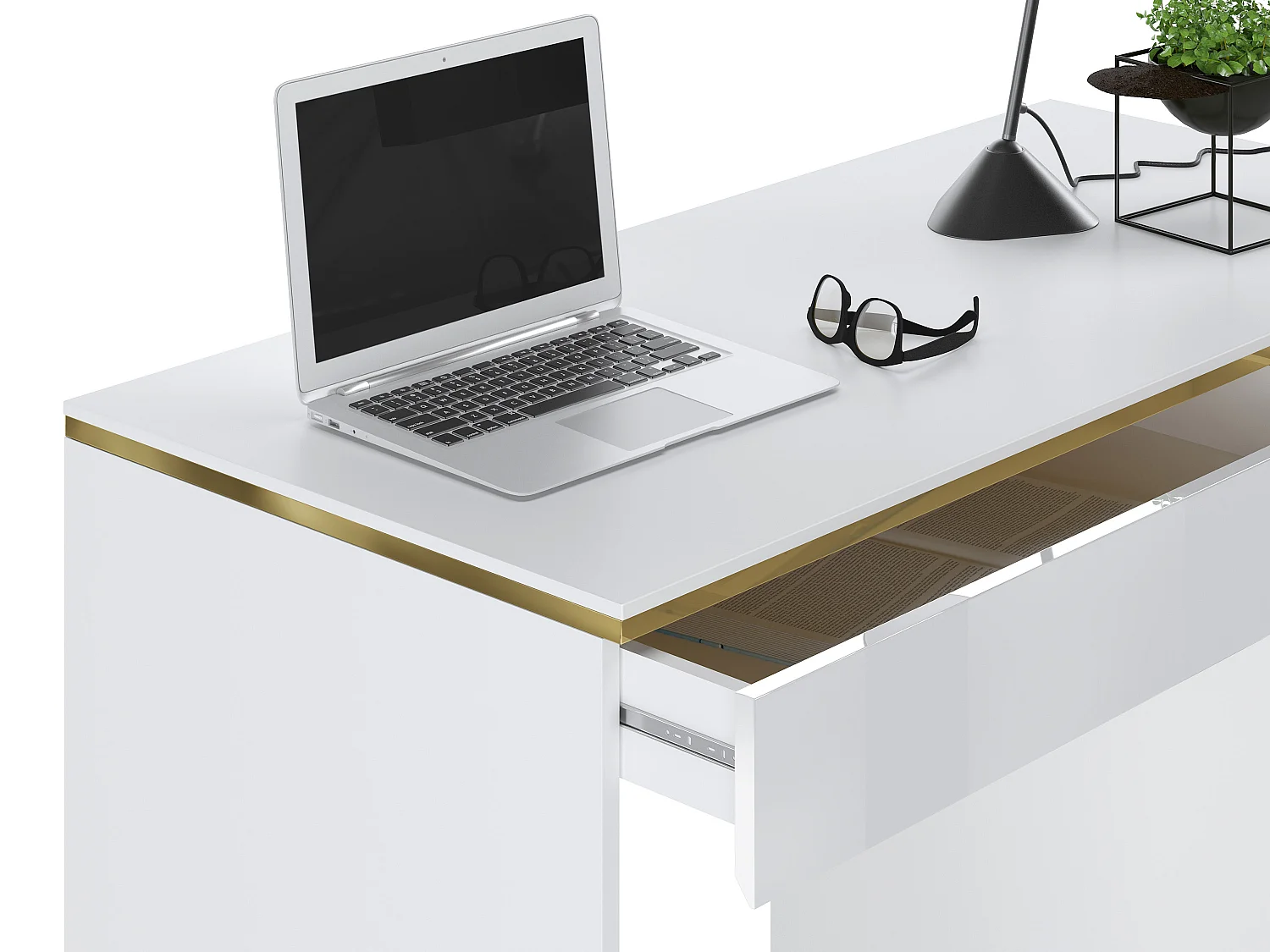 Bureau - 5 tiroirs – Blanc brillant et doré - VUKIA