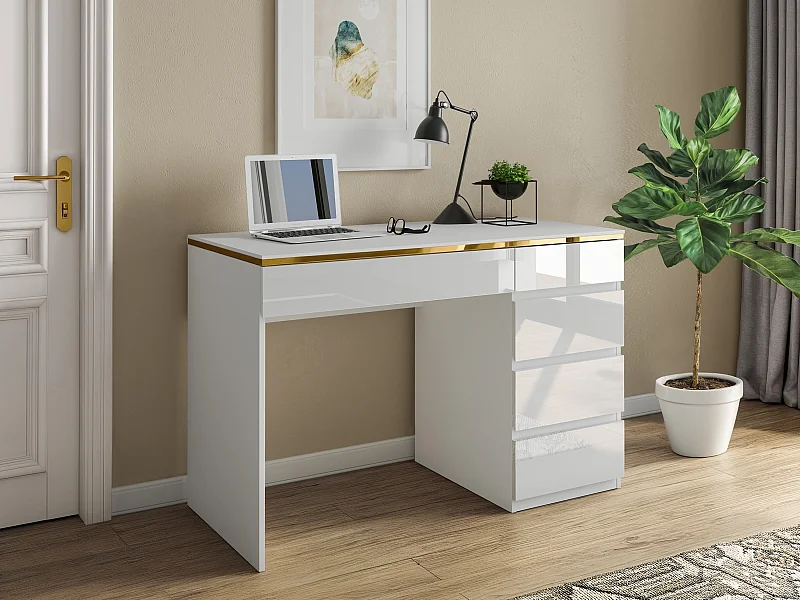 Bureau - 5 tiroirs – Blanc brillant et doré - VUKIA