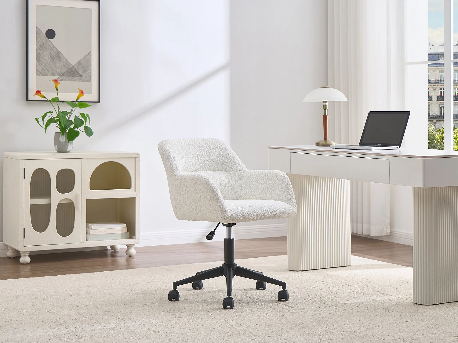 Chaise de bureau – Tissu bouclette – Blanc et noir – Hauteur réglable – HEKA