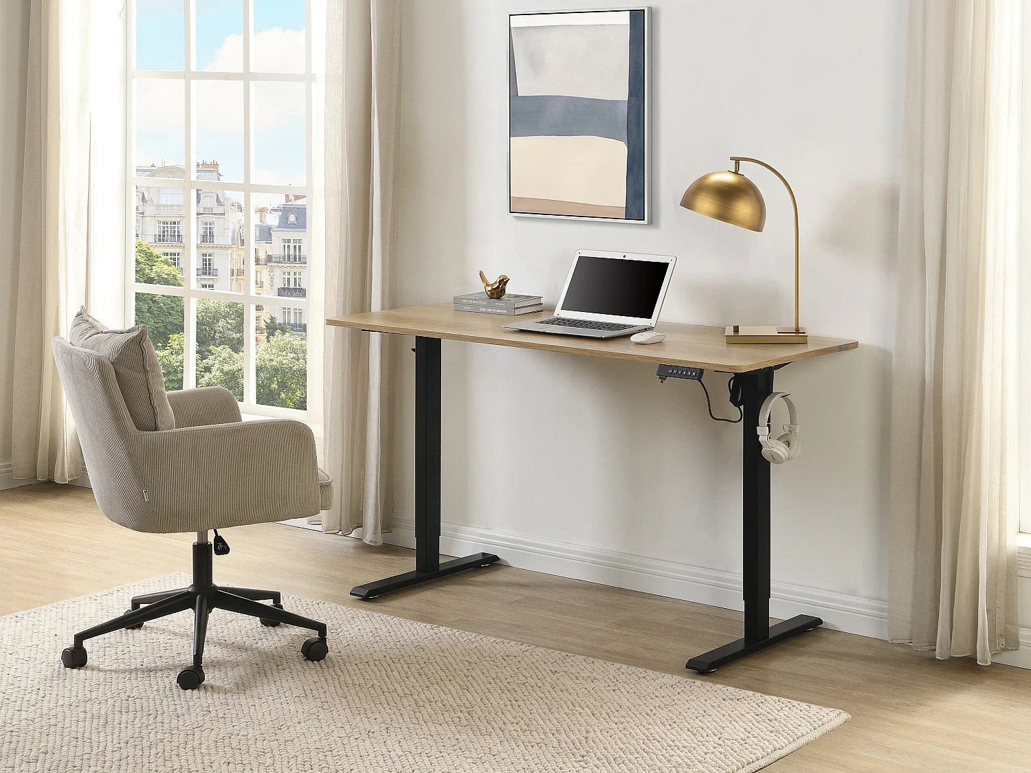 Bureau assis debout électrique – Hauteur réglable – Coloris : Naturel et noir – ELAVANO