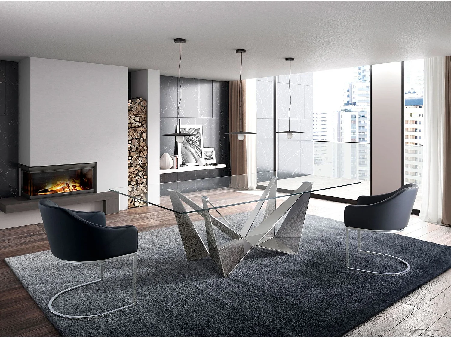 Table à manger rectangulaire verre trempé et acier chromé 1049-220x95 ANGEL CERDA