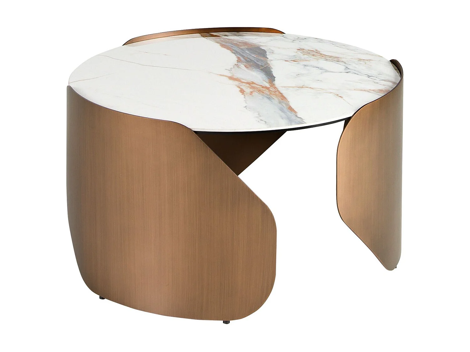 Ronde salontafel van porselein en bronskleurig staal