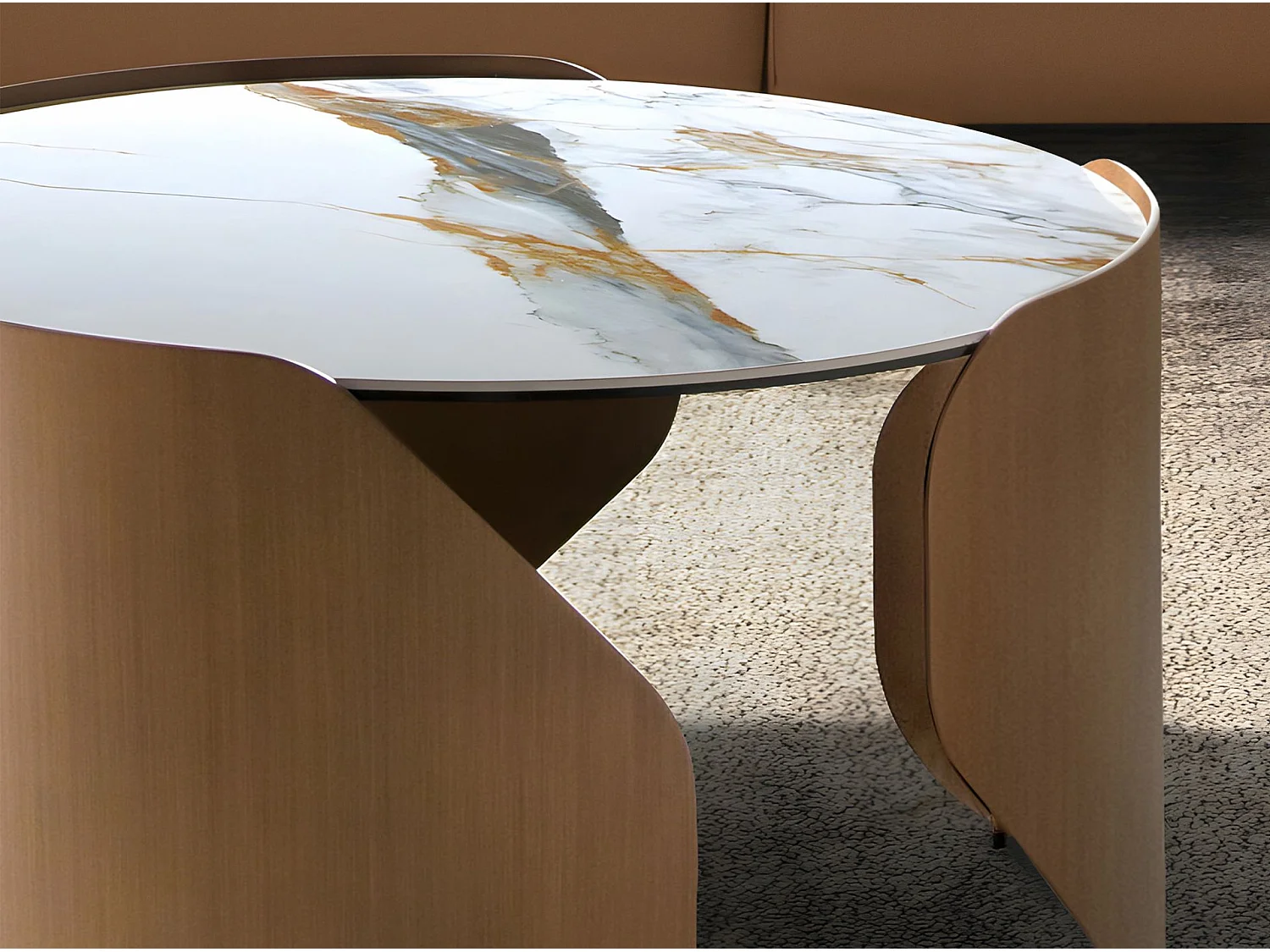 Ronde salontafel van porselein en bronskleurig staal