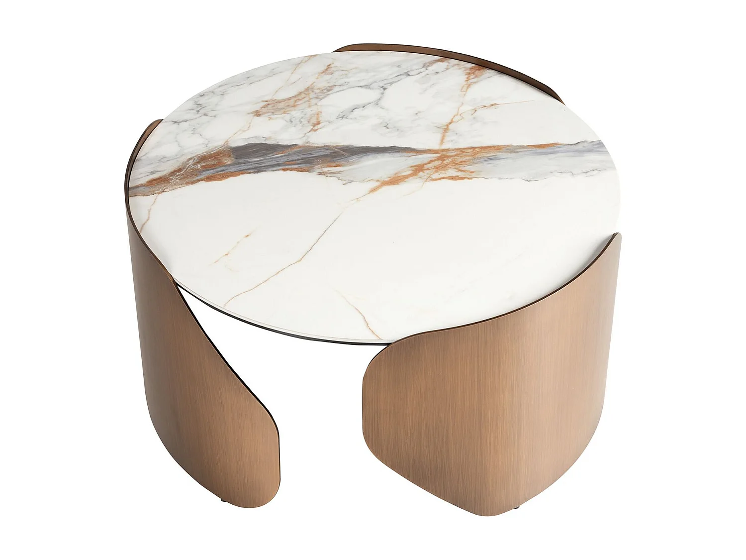 Ronde salontafel van porselein en bronskleurig staal