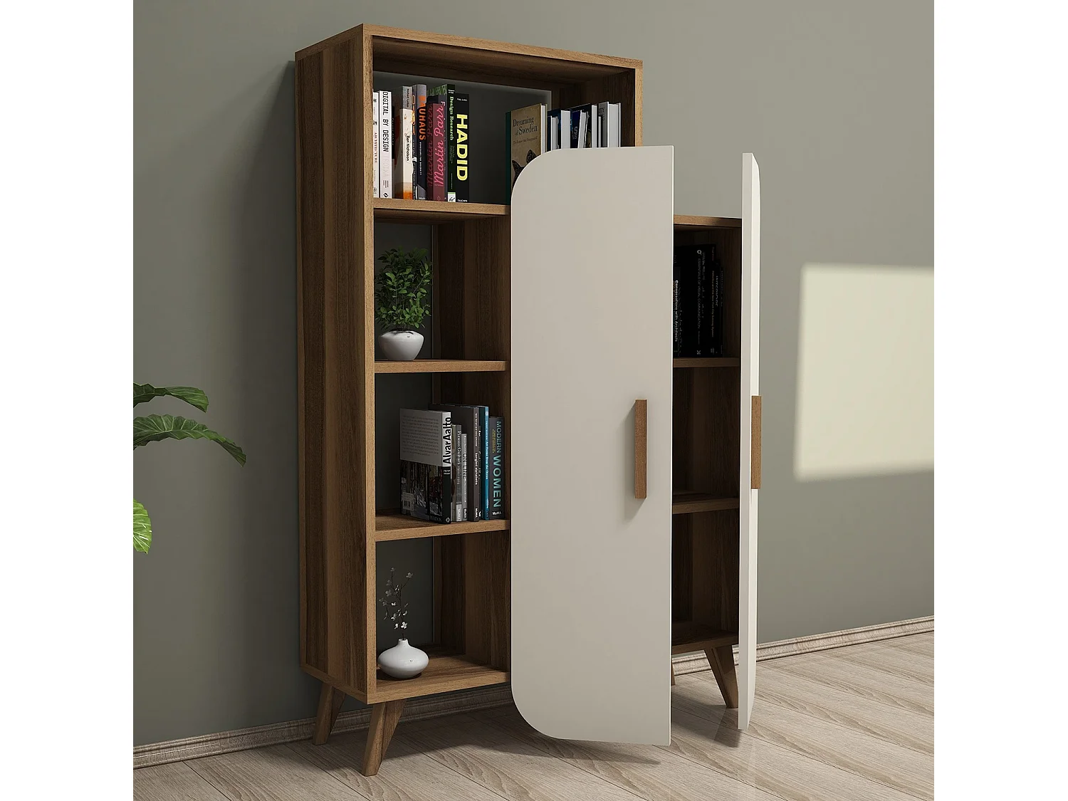 Meuble avec étagère en bois "Form" - 90 x 32 x 132 cm - Crème de noix
