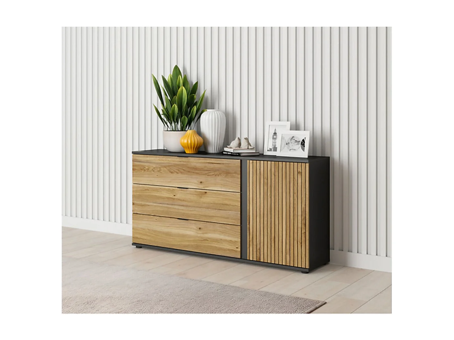 Commode Buffet avec 1 porte décor lamelles et 3 tiroirs ,coloris Chêne/Noir - Longueur 143,5 x Profondeur 39,5 x Hauteur 76,5 cm