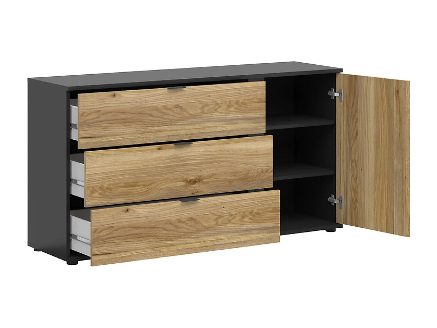 Commode Buffet avec 1 porte décor lamelles et 3 tiroirs ,coloris Chêne/Noir - Longueur 143,5 x Profondeur 39,5 x Hauteur 76,5 cm