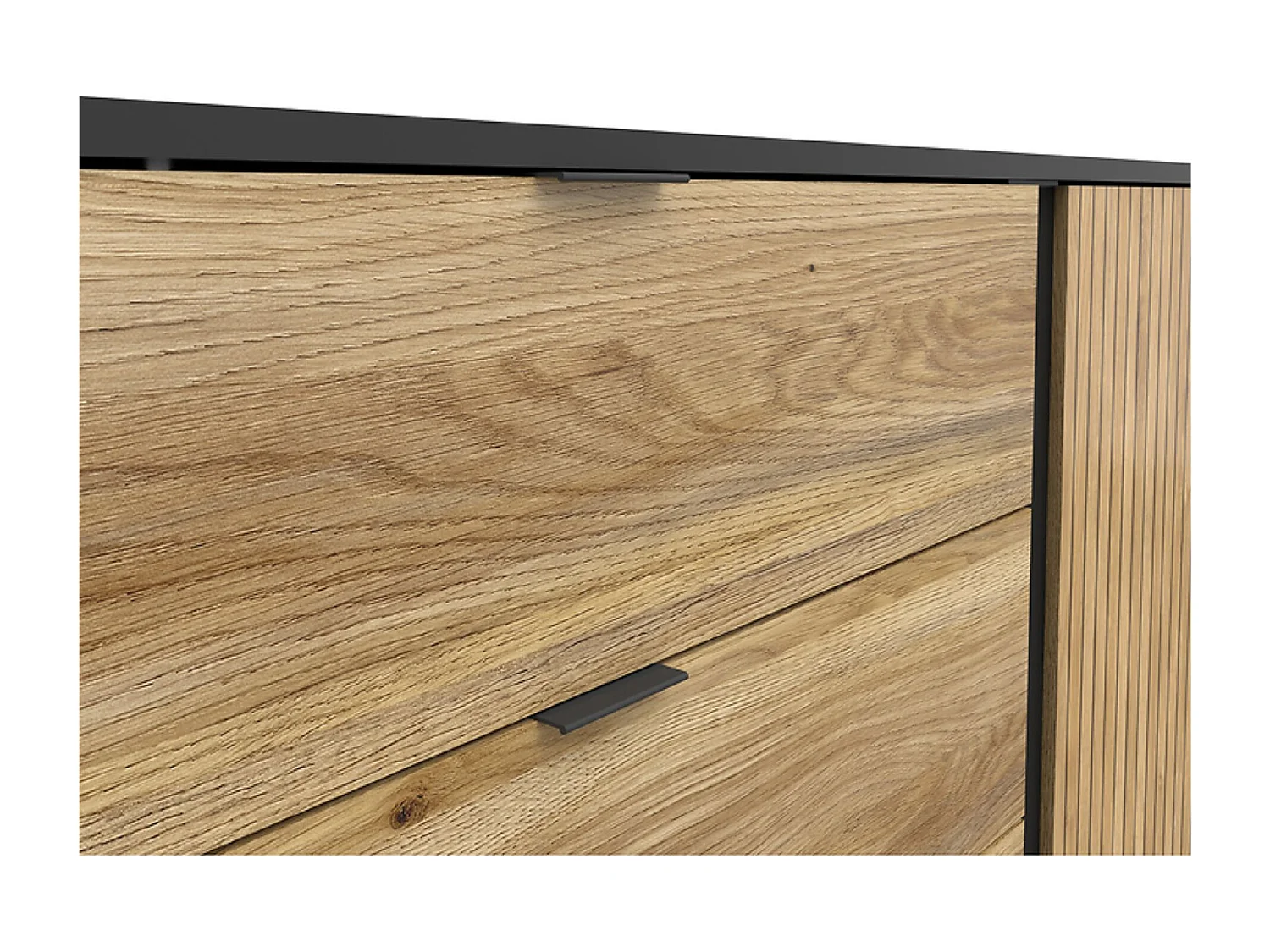 Commode Buffet avec 1 porte décor lamelles et 3 tiroirs ,coloris Chêne/Noir - Longueur 143,5 x Profondeur 39,5 x Hauteur 76,5 cm