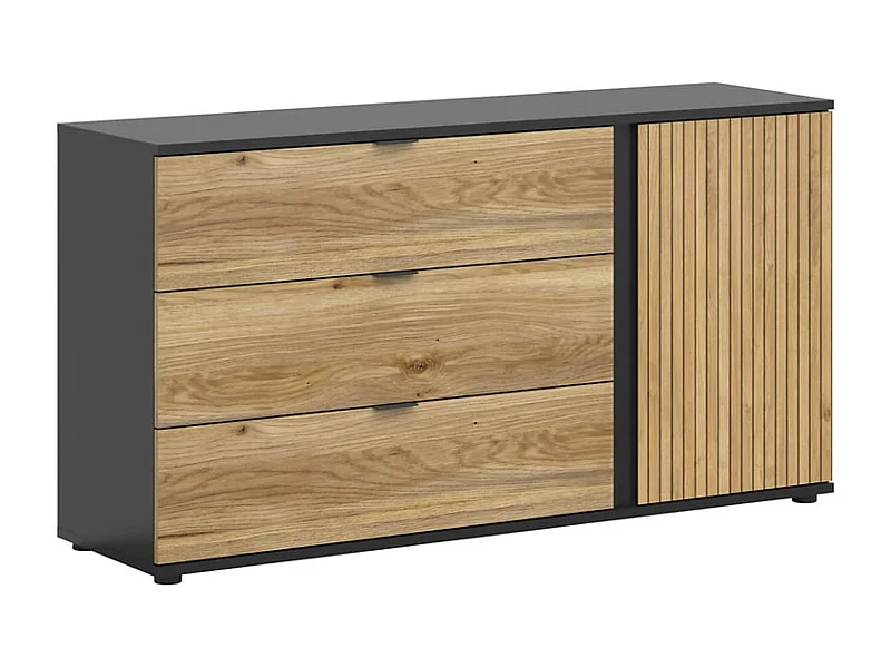 Commode Buffet avec 1 porte décor lamelles et 3 tiroirs ,coloris Chêne/Noir - Longueur 143,5 x Profondeur 39,5 x Hauteur 76,5 cm