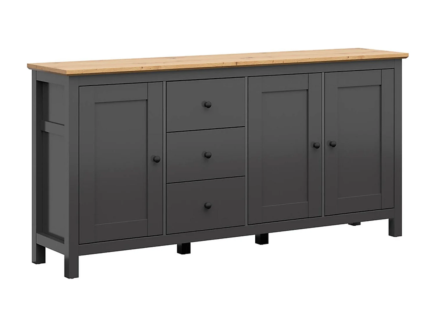 commode Buffet à 3 portes et 3 tiroirs, coloris Gris graphite/Chêne artisan - Longueur 199 x Profondeur 44 x Hauteur 96 cm