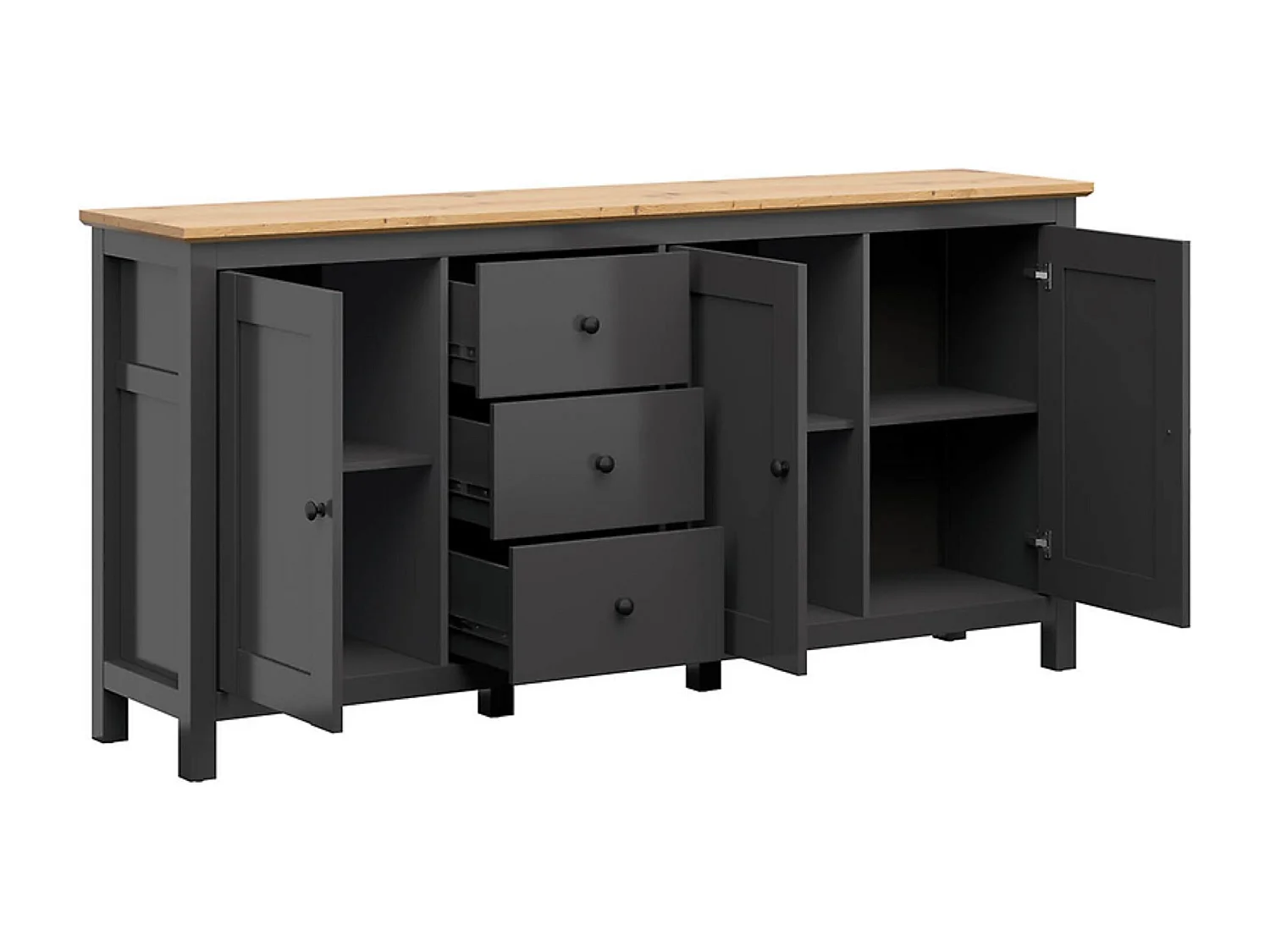 commode Buffet à 3 portes et 3 tiroirs, coloris Gris graphite/Chêne artisan - Longueur 199 x Profondeur 44 x Hauteur 96 cm