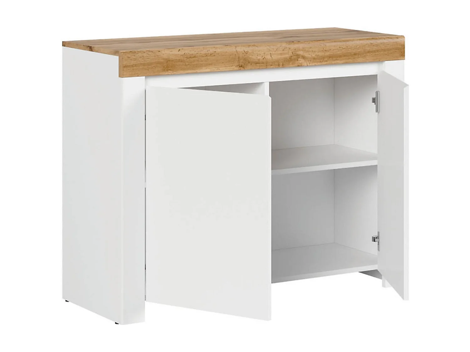 commode Meuble de rangement à 2 portes,coloris Blanc/Chêne wotan - Longueur 106 x Profondeur 42 x Hauteur 83,5 cm