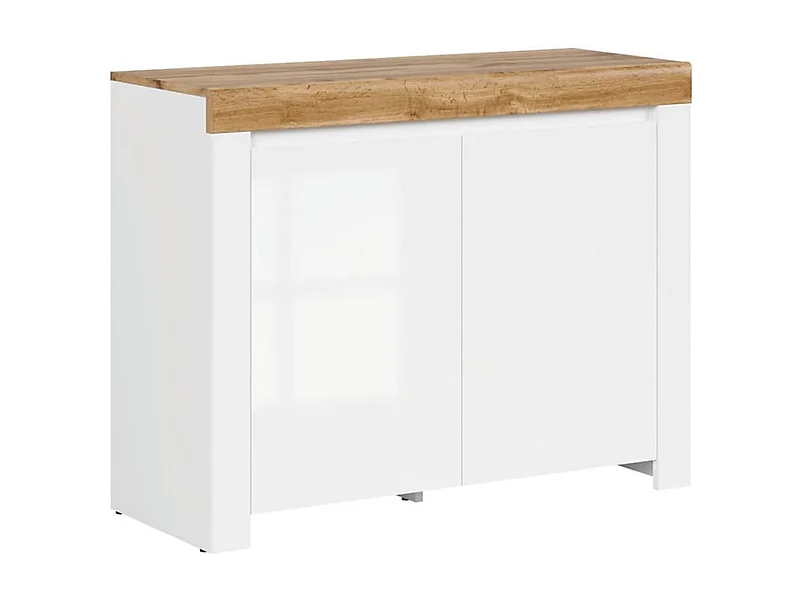 commode Meuble de rangement à 2 portes,coloris Blanc/Chêne wotan - Longueur 106 x Profondeur 42 x Hauteur 83,5 cm