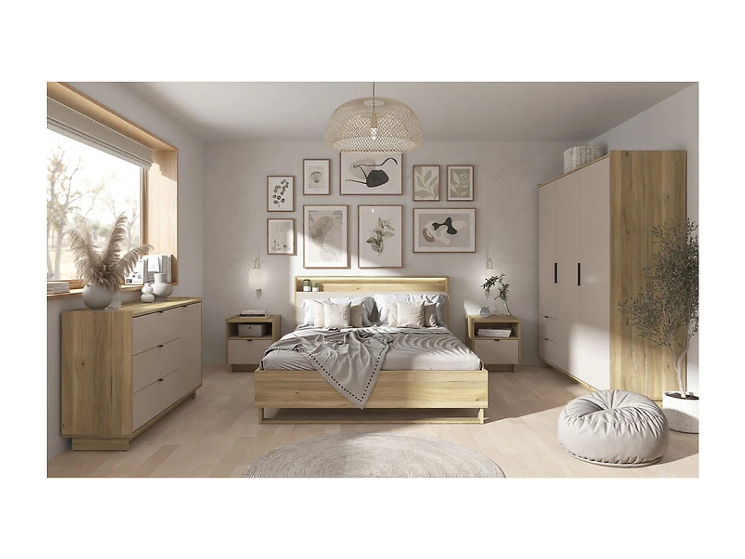 Commode Buffet à 1 porte  et 3 tiroirs coloris Chêne mauvella/Beige - Longueur 134 x Profondeur 42 x Hauteur 86 cm