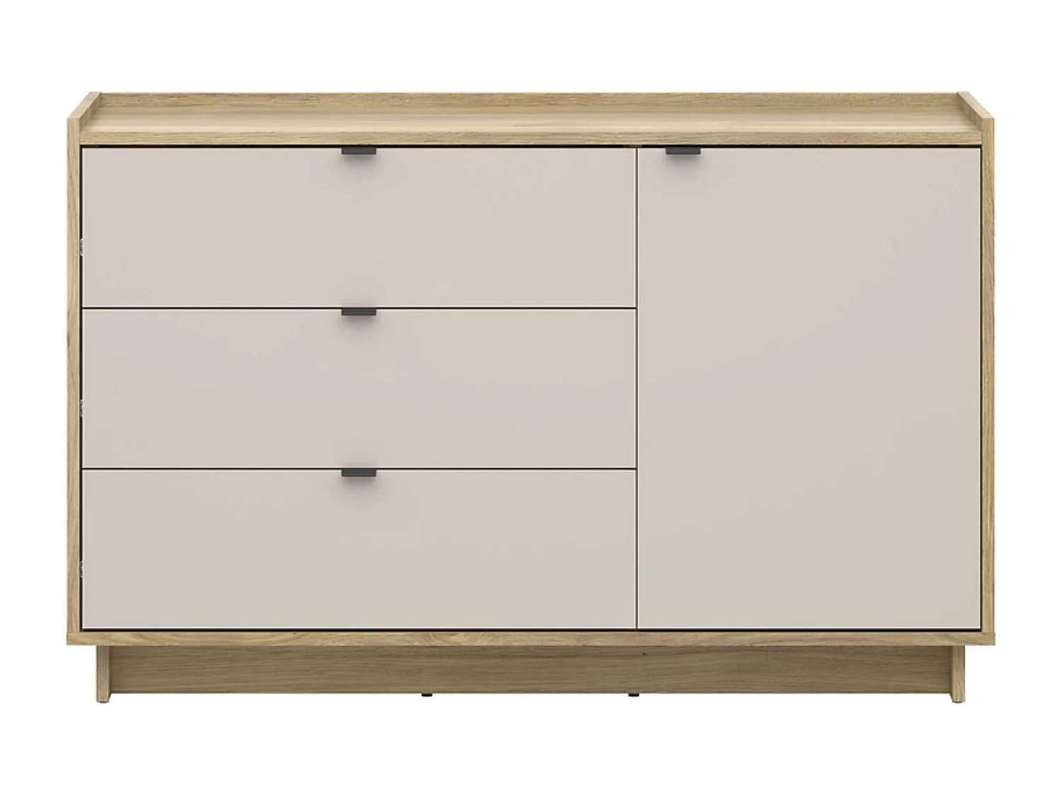 Commode Buffet à 1 porte  et 3 tiroirs coloris Chêne mauvella/Beige - Longueur 134 x Profondeur 42 x Hauteur 86 cm