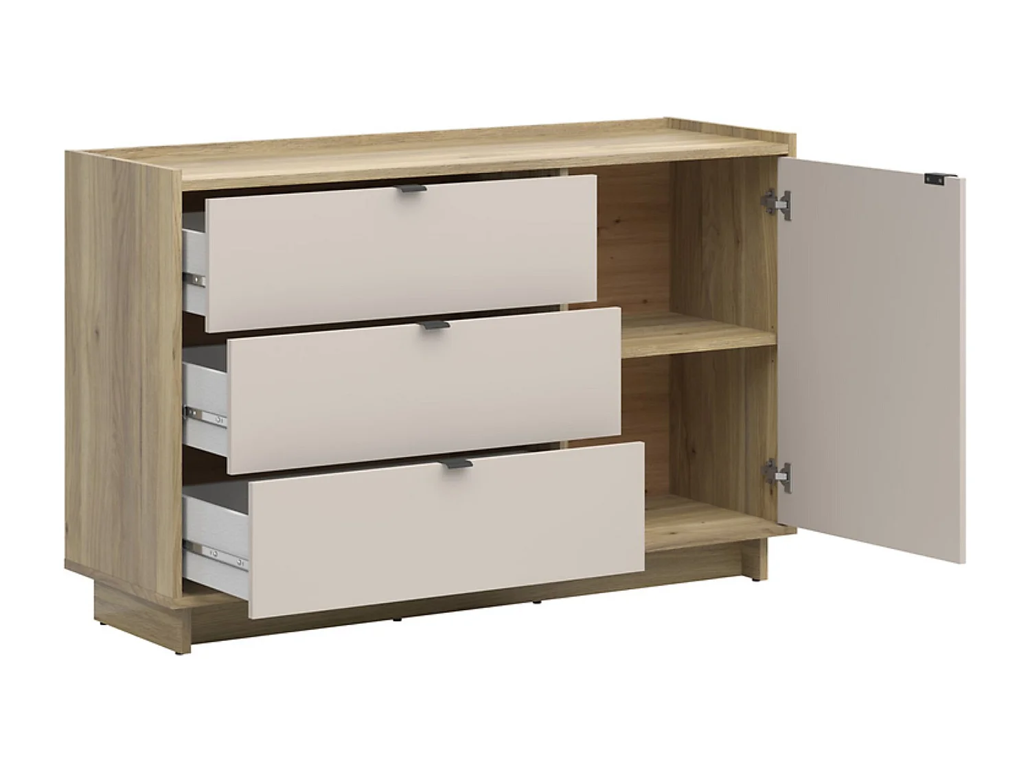 Commode Buffet à 1 porte  et 3 tiroirs coloris Chêne mauvella/Beige - Longueur 134 x Profondeur 42 x Hauteur 86 cm