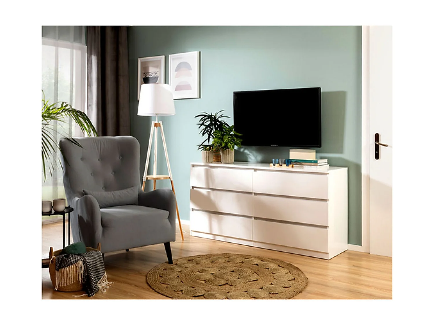 Commode meuble de rangement à 6 tiroirs coloris Blanc brillant - Longueur 150 x Profondeur 45 x Hauteur 75,5 cm