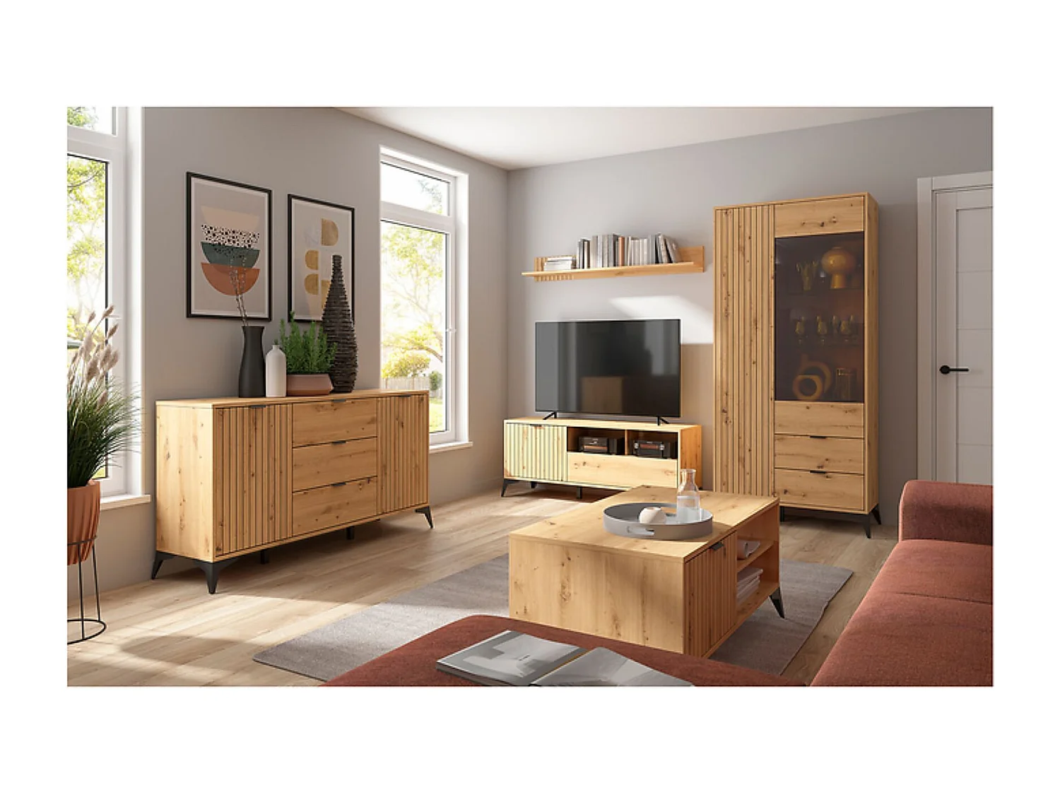 Commode Buffet à 2 portes et 3 tiroirs,coloris Chêne artisan - Longueur 150 x Profondeur 41 x Hauteur 83 cm