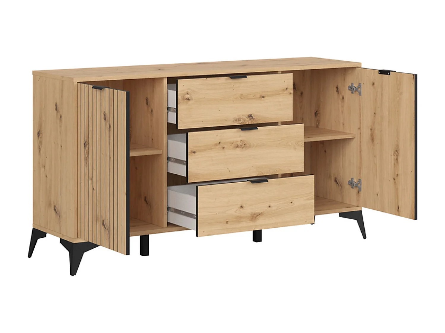 Commode Buffet à 2 portes et 3 tiroirs,coloris Chêne artisan - Longueur 150 x Profondeur 41 x Hauteur 83 cm