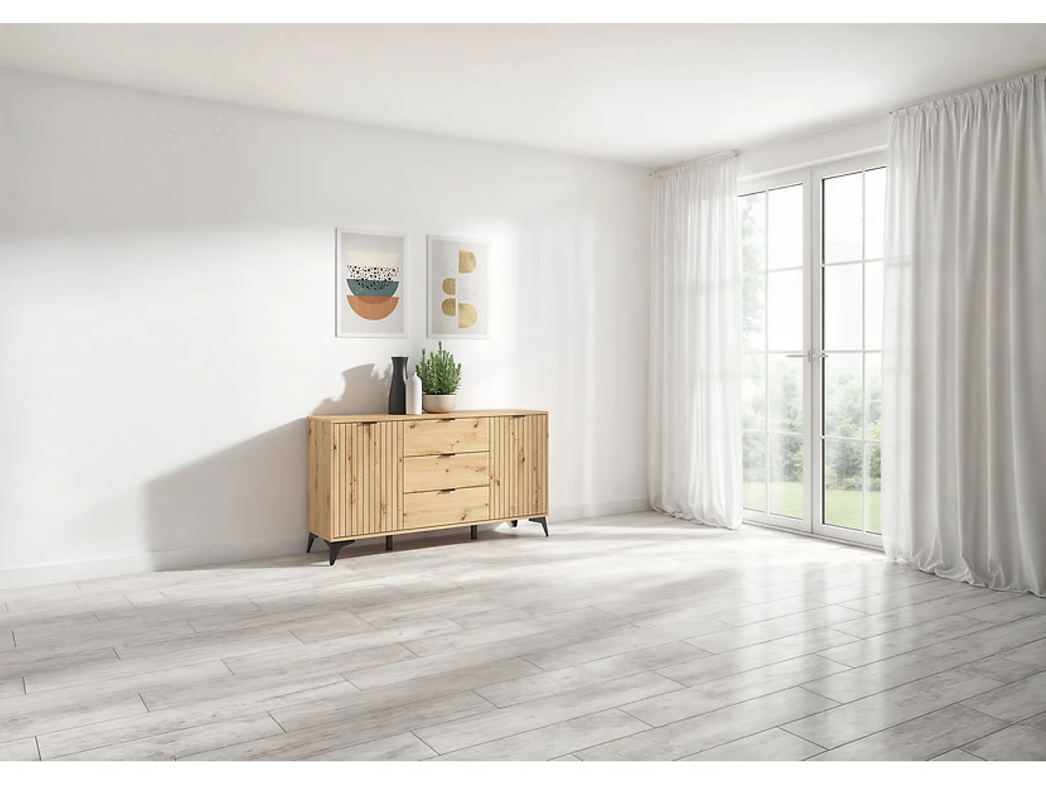 Commode Buffet à 2 portes et 3 tiroirs,coloris Chêne artisan - Longueur 150 x Profondeur 41 x Hauteur 83 cm